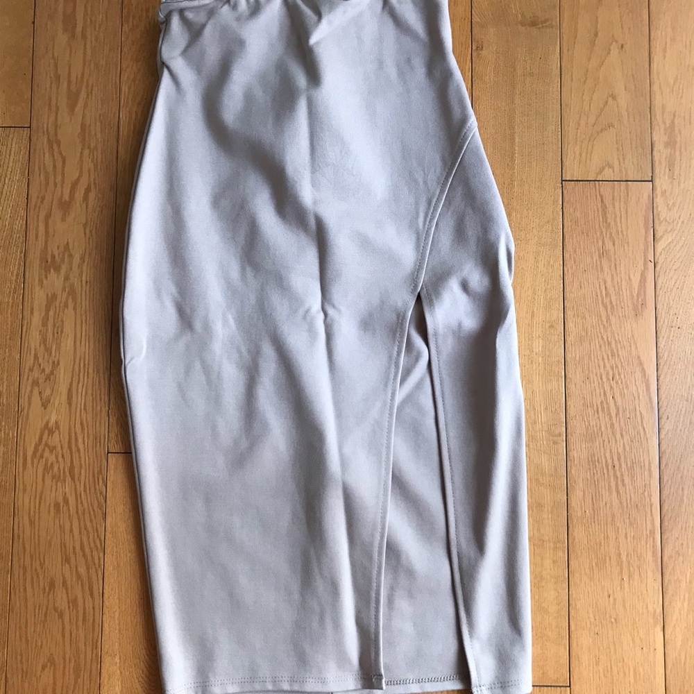 High waisted tan skirt